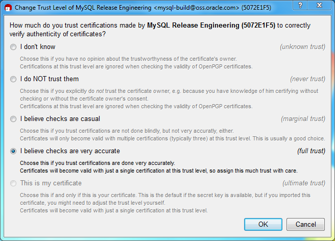 Kleopatra: Change Trust level for MySQL Release Engineering