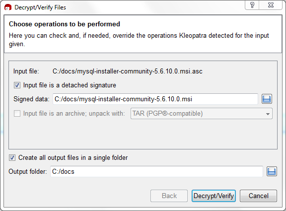 Kleopatra: The Decrypt and Verify Files Dialog