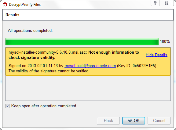 Kleopatra: the Decrypt and Verify Results Dialog: All operations completed