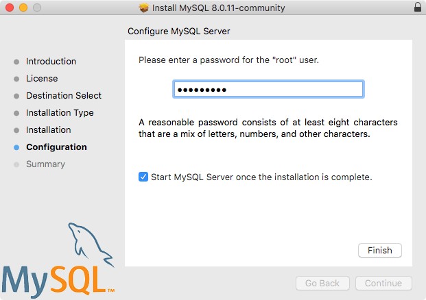 MySQL Package Installer Wizard: Define Root Password