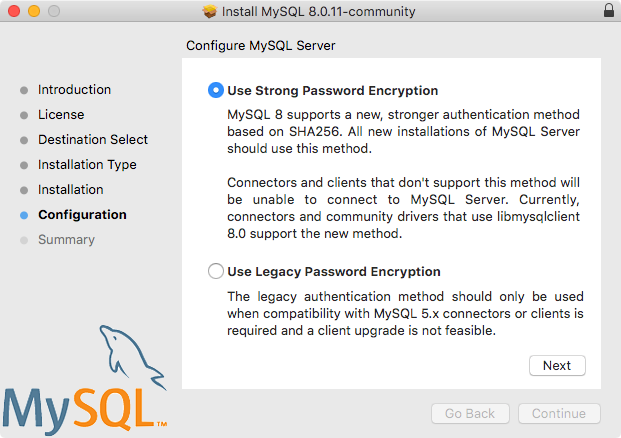 MySQL Package Installer Wizard: Choose a Password Encryption Type