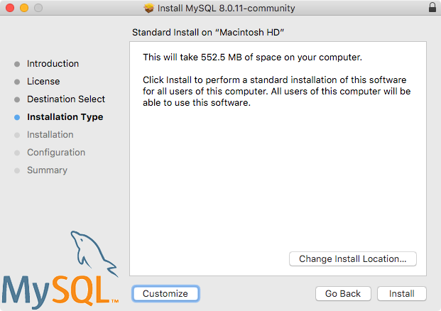 MySQL Package Installer Wizard: Installation Type