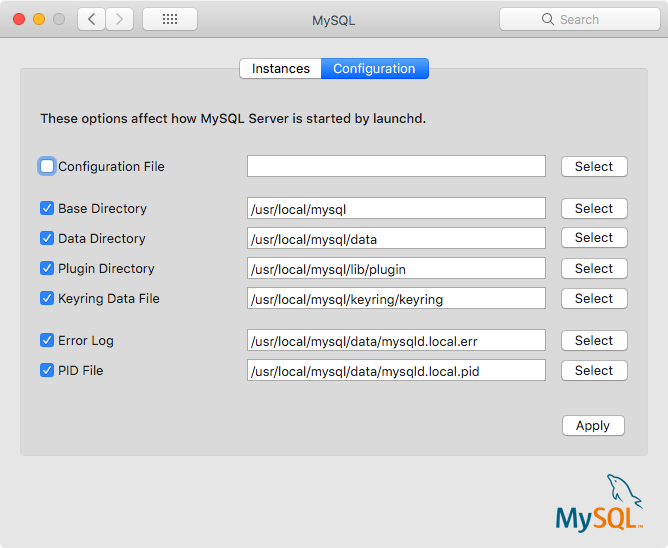 MySQL Preference Pane: Configuration