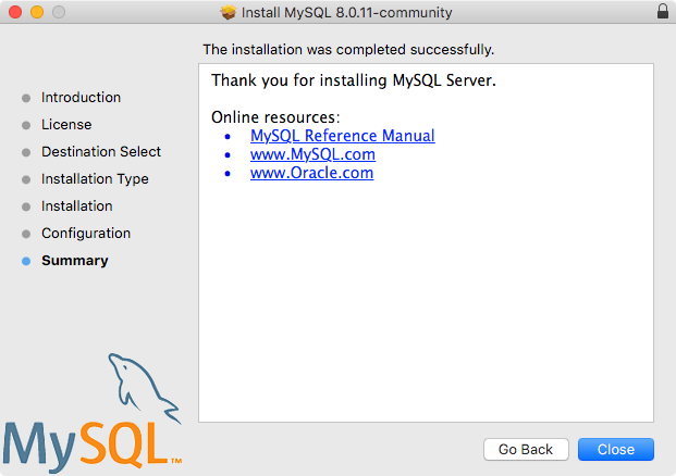 MySQL Package Installer Wizard: Summary