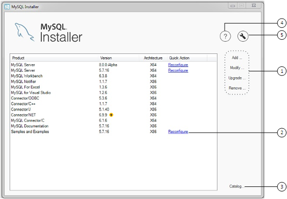 MySQL Installer Dashboard Elements